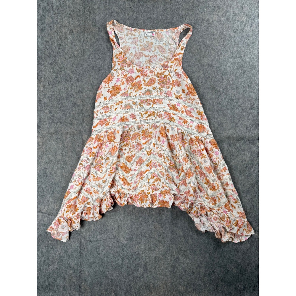 Free People Tank Top Womens XS Pink Orange Rayon Floral Lace Boho Ruffle Tunic